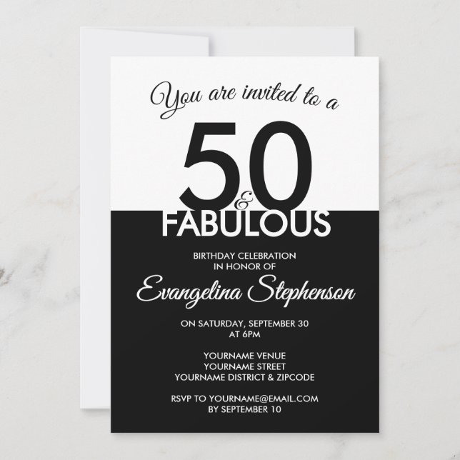 Fifty Fabulous Modern Black White 50th Birthday  Inbjudningar (Framsida)