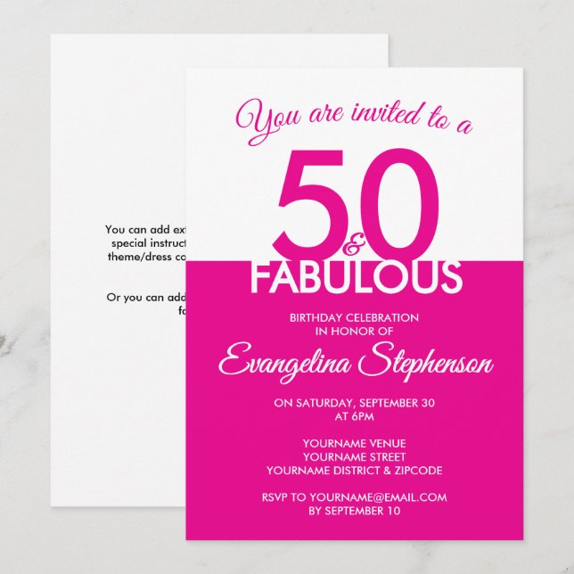 Fifty Fabulous Modern Pink White 50th Birthday  Inbjudningar (Fram/baksida)
