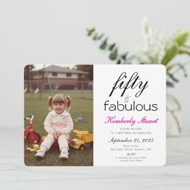 Fifty & Fabulous Photo 50th Script Birthday Party Inbjudningar (Stående Fram)