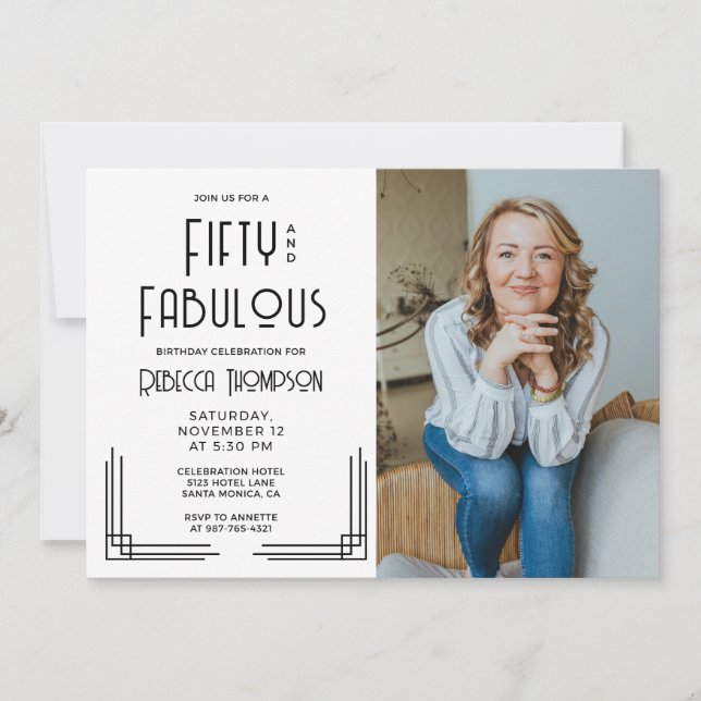 Fifty Fabulous Photo Art Deco Black 50th Birthday Inbjudningar (Framsida)