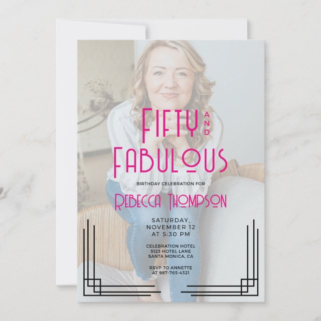 Fifty Fabulous Photo Pink Art Deco 50th Birthday Inbjudningar (Framsida)