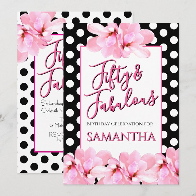 Fifty & Fabulous Pink Floral Black Birthday Inbjudningar (Fram/baksida)