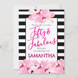 Fifty & Fabulous Pink Floral Black Stripe Birthday Inbjudningar