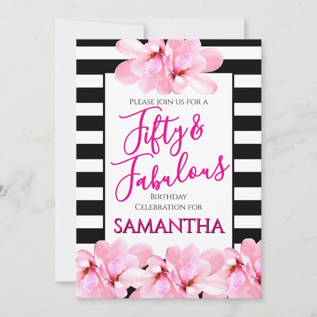Fifty & Fabulous Pink Floral Black Stripe Birthday Inbjudningar (Framsida)