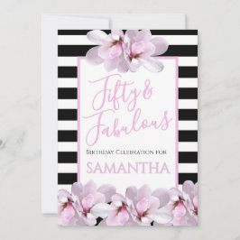 Fifty & Fabulous Pink Floral Black Stripe Birthday Inbjudningar