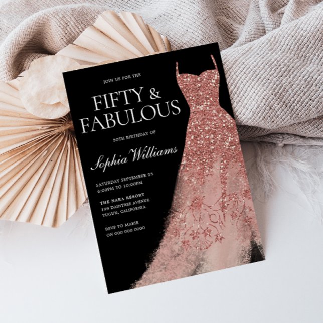 Fifty & Fabulous! Rose Gold Dress 50th Birthday Inbjudningar (Skapare uppladdad)