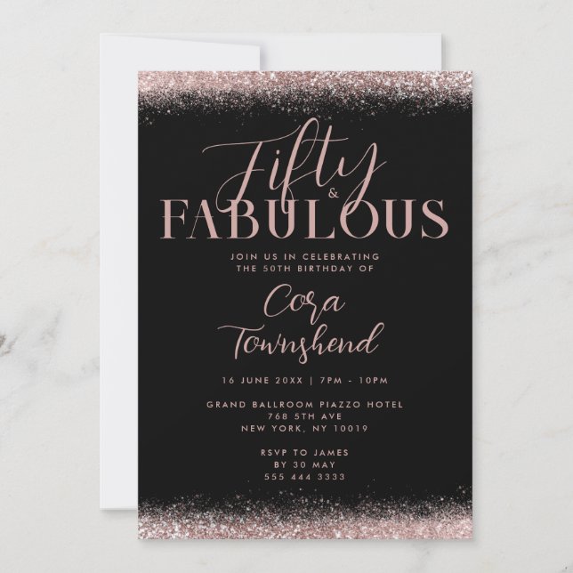 Fifty & Fabulous Rose Gold Glitter 50th Birthday Inbjudningar (Framsida)
