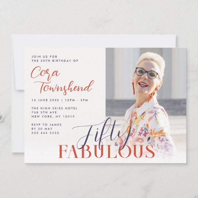 Fifty & Fabulous Script Photo 50th Birthday Inbjudningar (Framsida)