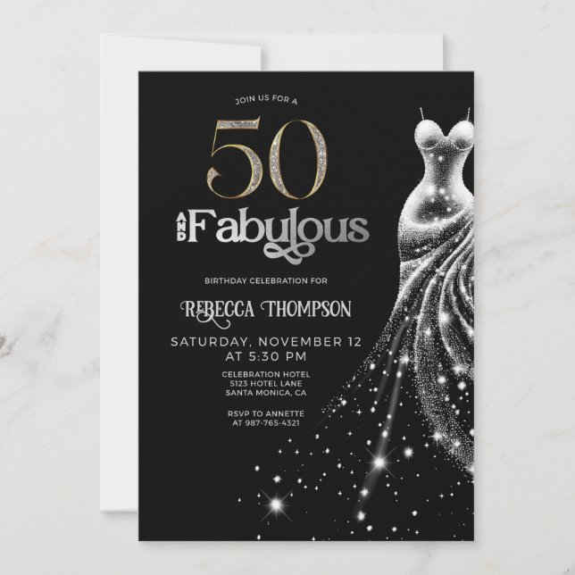 Fifty Fabulous Silver Dress Black 50th Birthday Inbjudningar (Framsida)