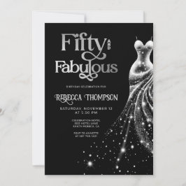 Fifty Fabulous Silver Dress Black 50th Birthday Inbjudningar