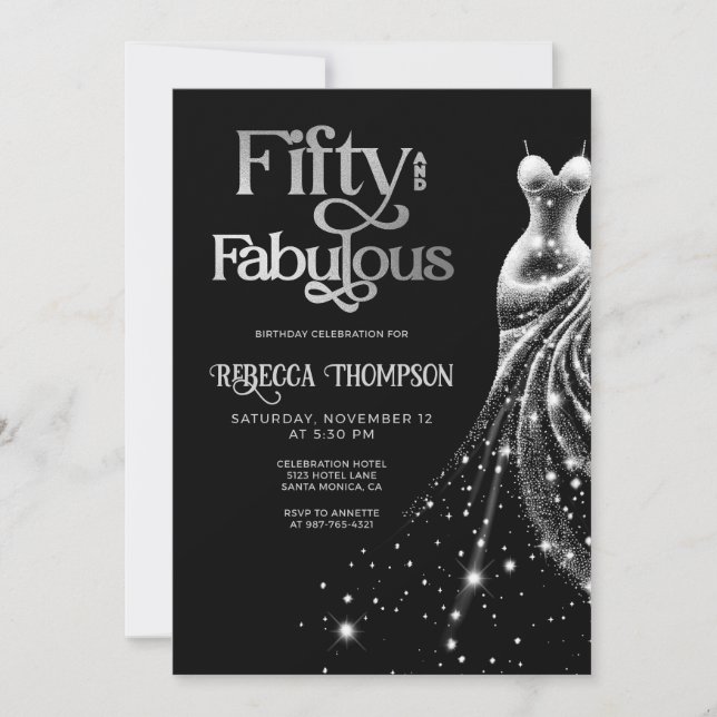 Fifty Fabulous Silver Dress Black 50th Birthday Inbjudningar (Framsida)