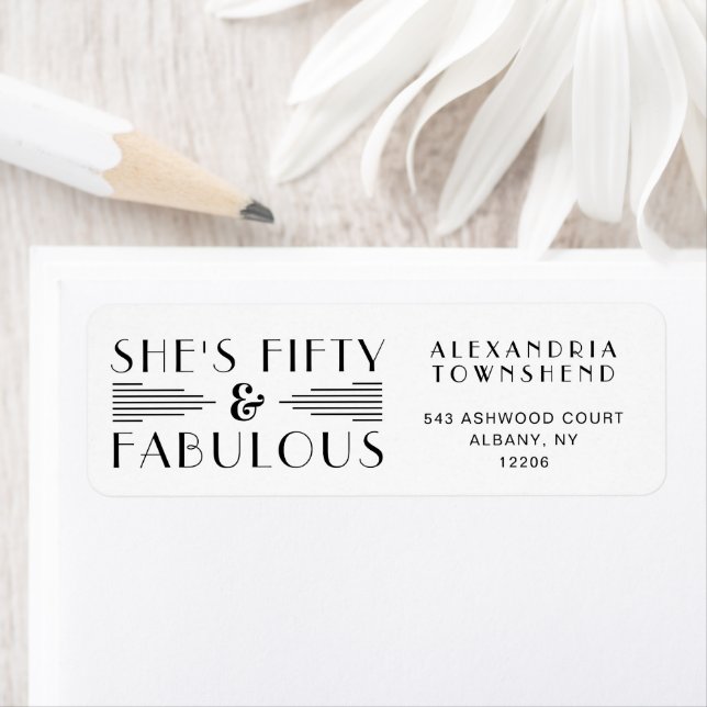 Fifty & Fabulous White Art Deco 50th Birthday Returadress Etikett (Insitu)