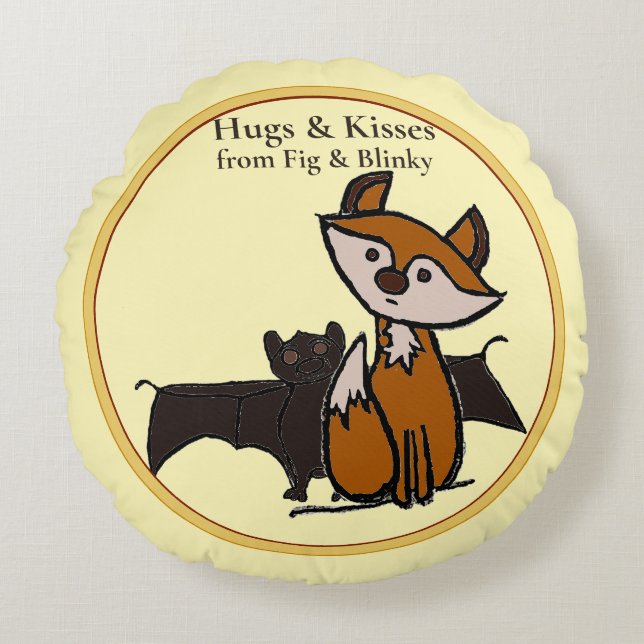 Fig & Blinky Hugs and Kisses yellow Round Pillow Rund Kudde (Framsidan)