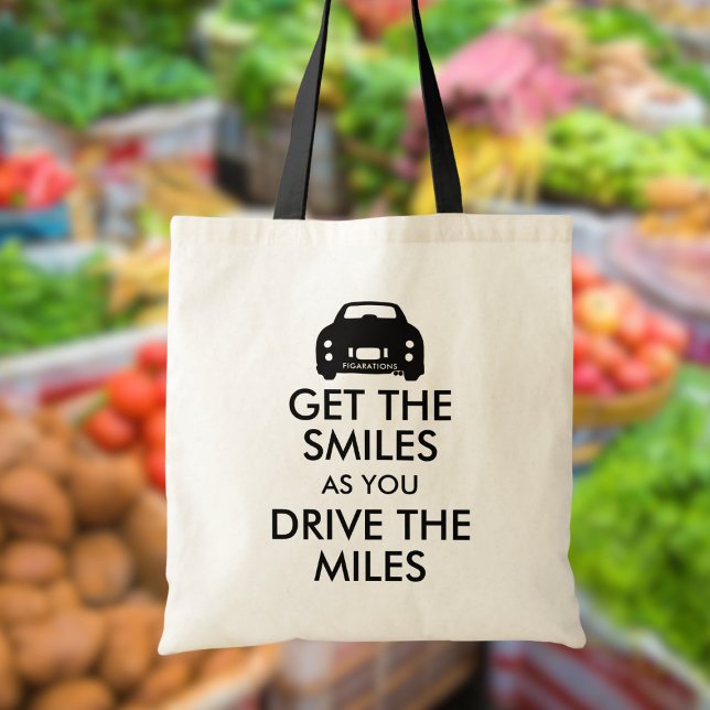 Figaration Hämta Smiles Quote Figaro Tote Bag Tygkasse (Get the smiles as you drive the miles. Fun tote bag for the figaro owner)