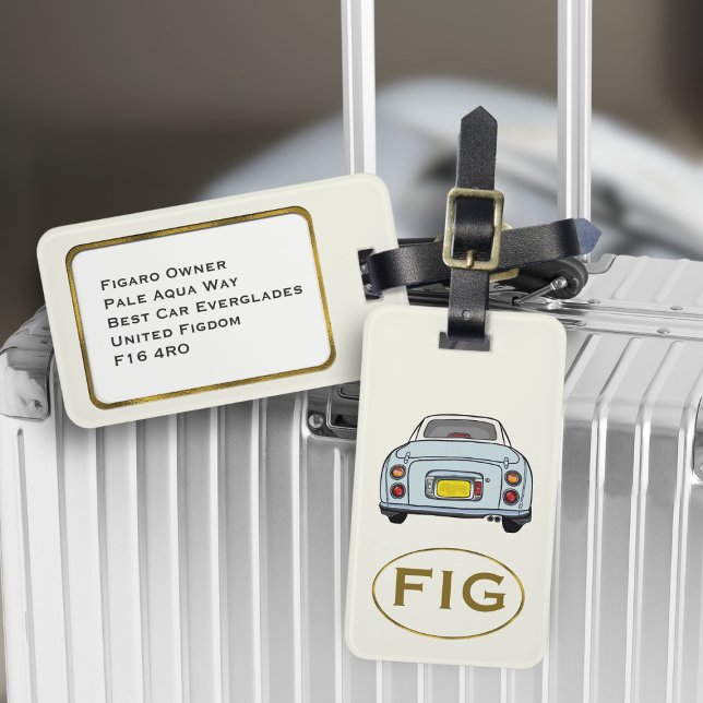 Figarations Monogram Bleka Akvafärgade Figaro Baga Bagagebricka (Fun blue figgy luggage tag for your road trip adventures. Just add your initials & address details)