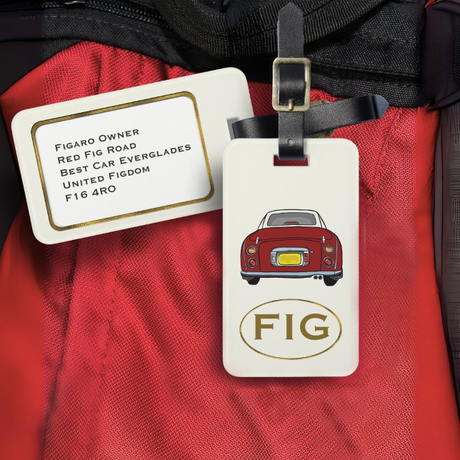 Figarations Monogram Röd Figaro Bil Bagage Tag Bagagebricka (Fun red figgy luggage tag for your road trip adventures. Just add your address details)