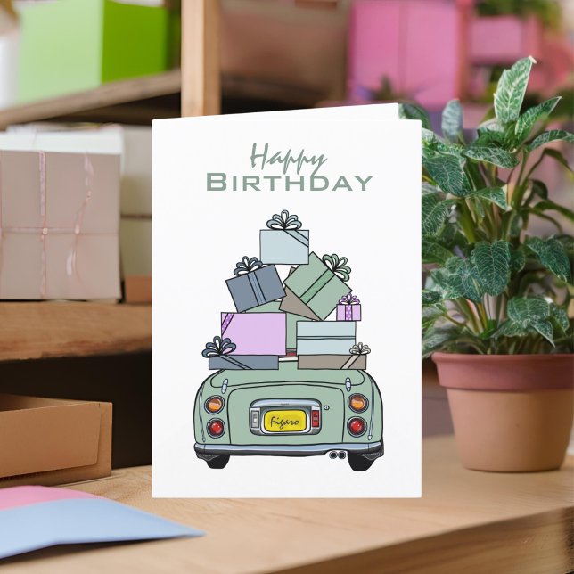 Figarkort Grönt Figaro Car Grattis på födelsedagen Kort (A cute green figaro birthday card you can send to your car or your friends)