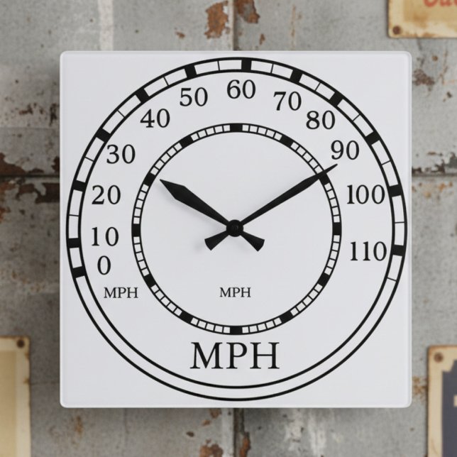 Figarsättning Hastighetsmätare MPH Vita Garage Clo Fyrkantig Klocka (This retro-inspired clock adds vintage charm and functional art. Add your initials!)