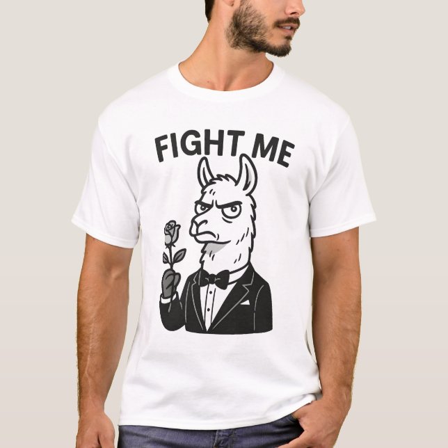 "Fight Me" - Dramatic Llama in Tuxedo T-Shirt (Framsida)