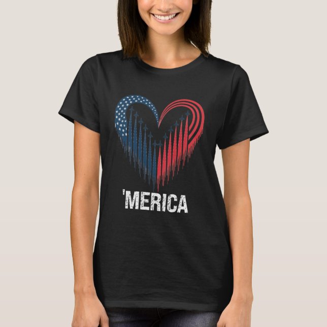 Fighter Jet Airplane American Flag Heart 4th Of Ju T Shirt (Framsida)
