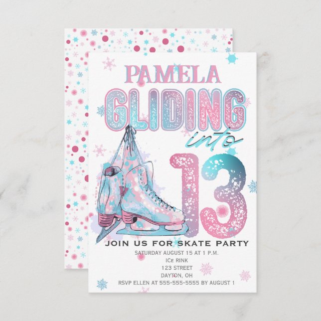 Figur Skating 13:e Födelsedagsfest inbjudan (Fram/baksida)