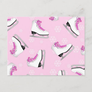 Figur Skating - Ice Skates Rosa med Snöflingor Vykort