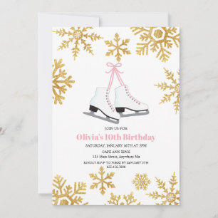Figur Skating Rosa Guld Snowflake Birthday Inbjudningar