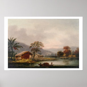 Figurer Guiding a Sampan Round a Bend in a River. Poster