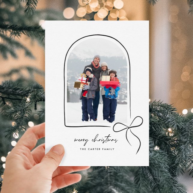 Figursatt med svart foto från Kärlek-bänken till j Julkort (Wrapped With Love Black Bow Arch Photo Christmas Holiday Card)