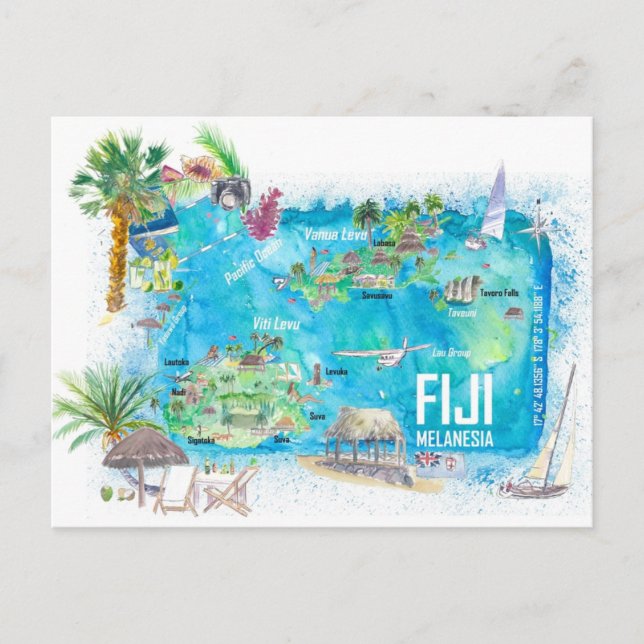 Fiji Illustrated Polynesia Island Travel Karta Vykort (Framsida)