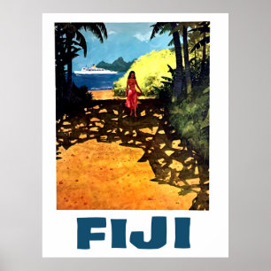 Fiji, kvinna på den tropiska kusten och turistbåt poster