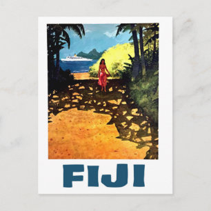 Fiji, kvinna på den tropiska kusten och turistbåt vykort