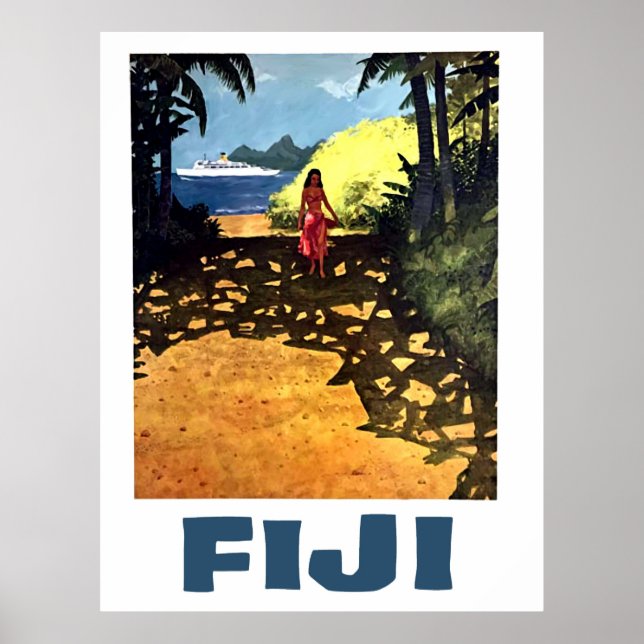 Fiji, kvinna på tropiken kusten och turistbåt poster (Framsidan)