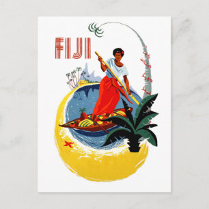 Fiji ö, man på en liten båt vykort