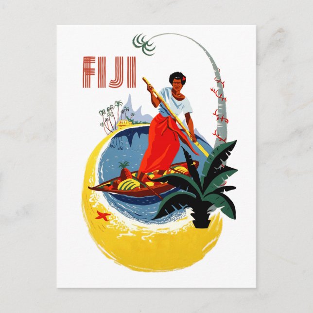 Fiji ö, man på en liten båt vykort (Framsida)