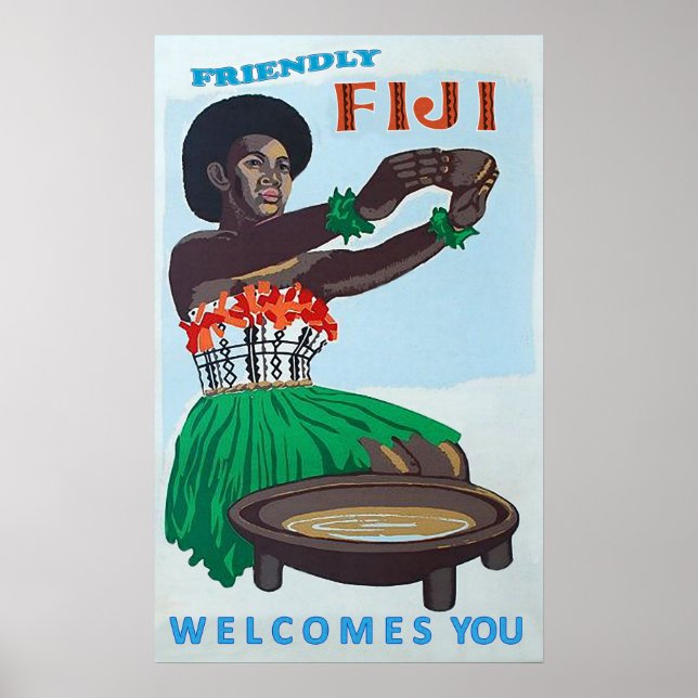 Fiji-ön, inhemsk kvinna med traditionellt välkomna poster (Framsidan)