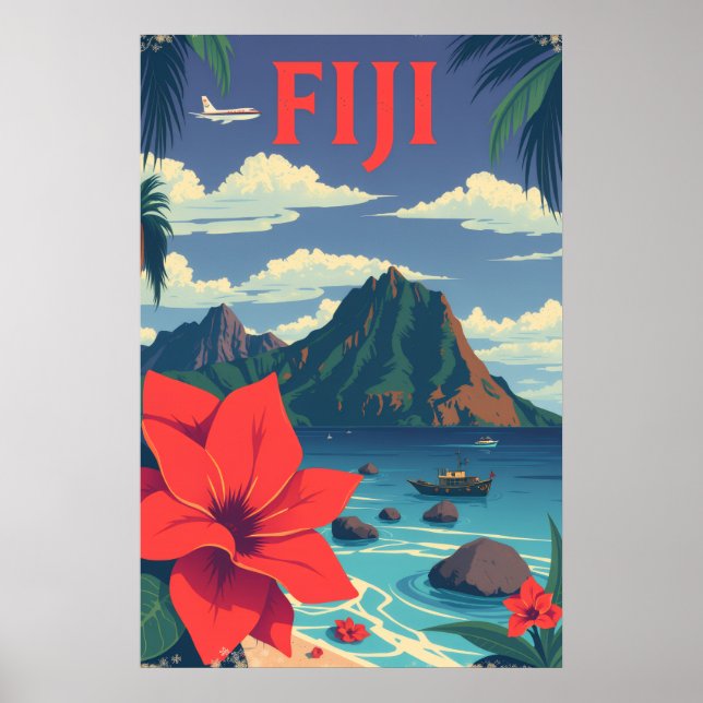 Fiji Resa Vintage Tropisk Ö Art Poster (Framsidan)