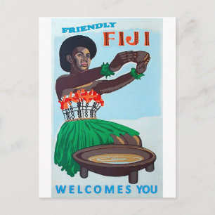 Fijiöarna, infödd kvinna med traditionell välkomst vykort