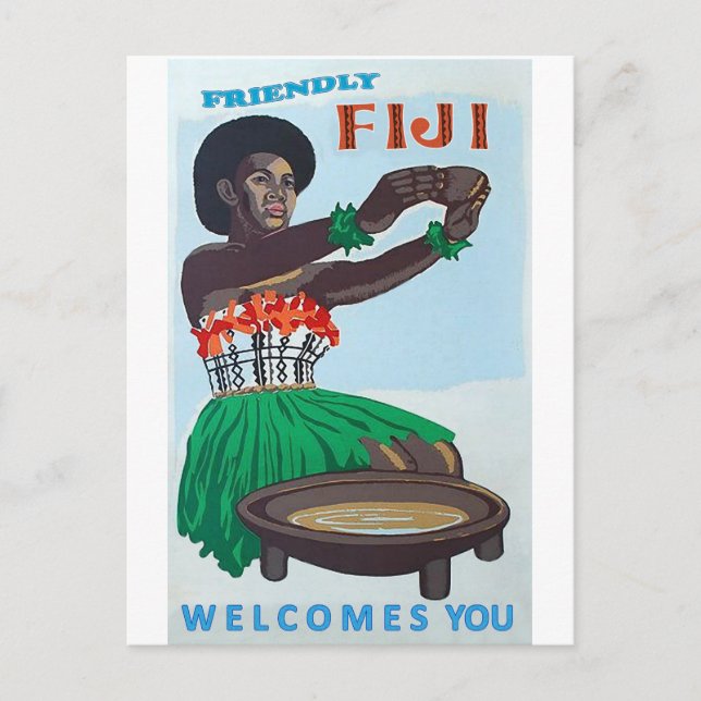 Fijiöarna, infödd kvinna med traditionell välkomst vykort (Framsida)