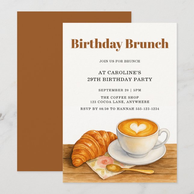 Fika & Croissant 29-års Brunch för Födelsedagen Inbjudningar (Fram/baksida)