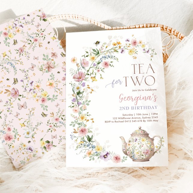 Fika för två vårens vilda blommor födelsedagsfiran inbjudningar (Skapare uppladdad)