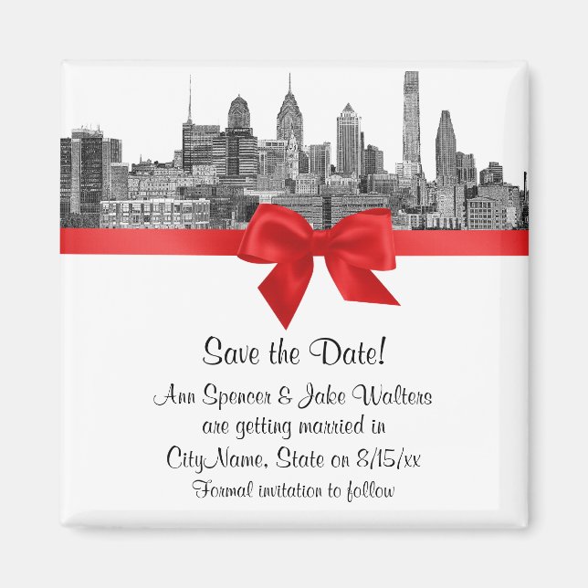 Filadelphia Skyline Etch BW Red Save Date Magnet (Framsidan)