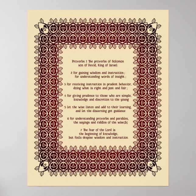 Filigree Bibeltext Sprüche Kapitel 1 : 1-7 Poster (Framsidan)