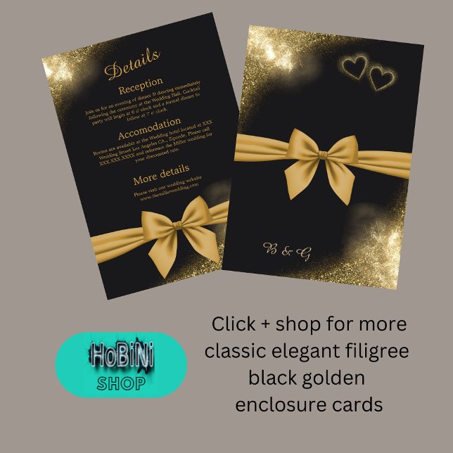 Filigree Black Golden bröllop med klassisk elegant Tilläggskort (classic elegant filigree black golden wedding enclosure card)