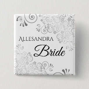 Filigree bröllop Bride Namn bricka Blommigt Silver Knapp