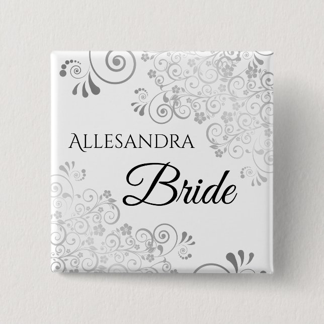 Filigree bröllop Bride Namn bricka Blommigt Silver Knapp (Framsida)