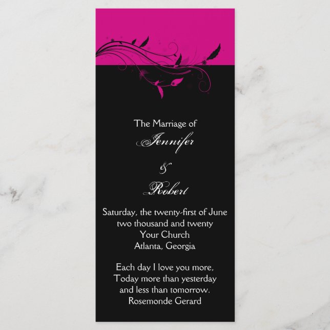 Filigree-Bröllopsprogrammet Fuchsia och Black Blom Program (Framsida)