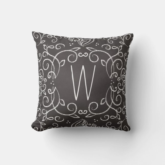 Filigree för svart tavla för Monogram svartvitt Kudde (Framsida)