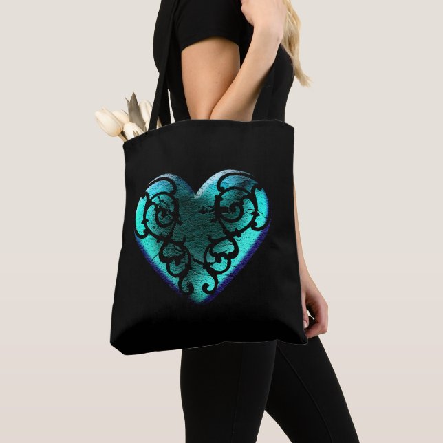 Filigree Goth Ice Blue Heart Tygkasse (Närbild)