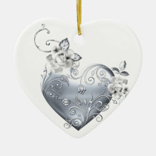 Filigree hjärta & vit ros för silver julgransprydnad keramik